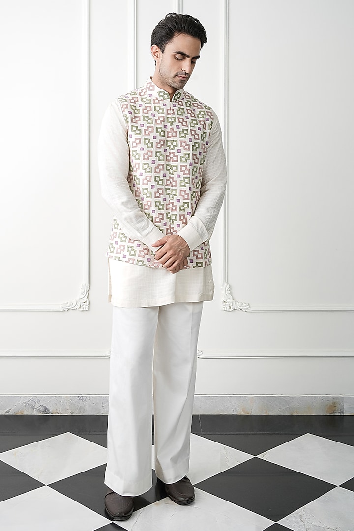 Ivory Chanderi & Dupion Silk Embroidered Nehru Jacket Set by JORAH MEN at Pernia's Pop Up Shop