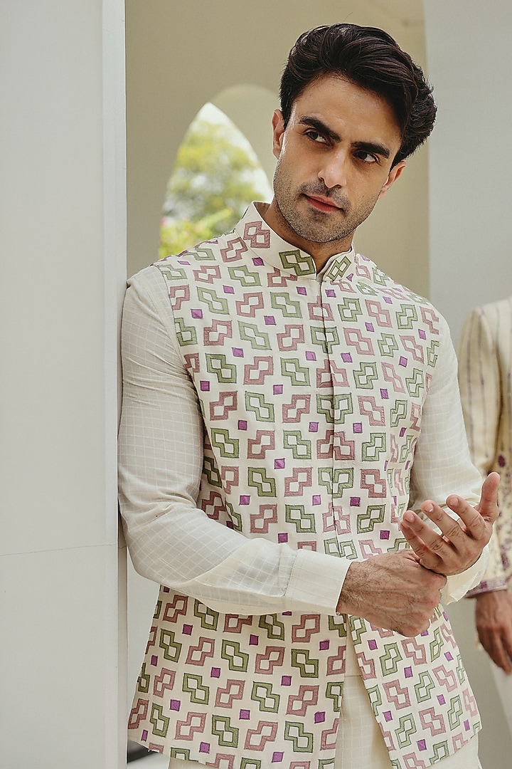 Ivory Chanderi & Dupion Silk Embroidered Nehru Jacket Set by JORAH MEN at Pernia's Pop Up Shop