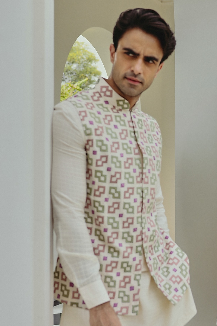 Ivory Chanderi & Dupion Silk Embroidered Nehru Jacket Set by JORAH MEN at Pernia's Pop Up Shop