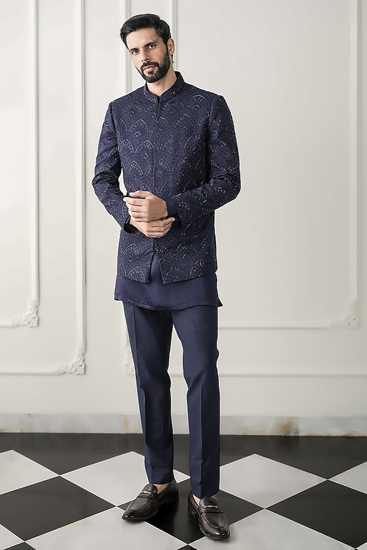 Deep Navy Cotton Satin Cutdana Embellished Groom Bandhgala Set by JORAH MEN at Pernia's Pop Up Shop