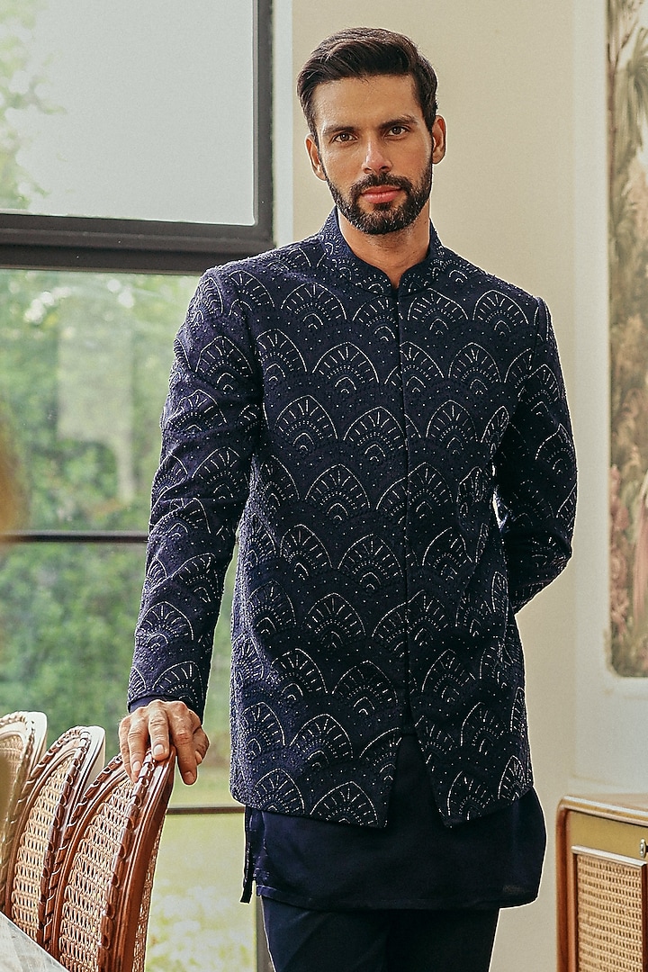 Deep Navy Cotton Satin Cutdana Embellished Groom Bandhgala Set by JORAH MEN at Pernia's Pop Up Shop