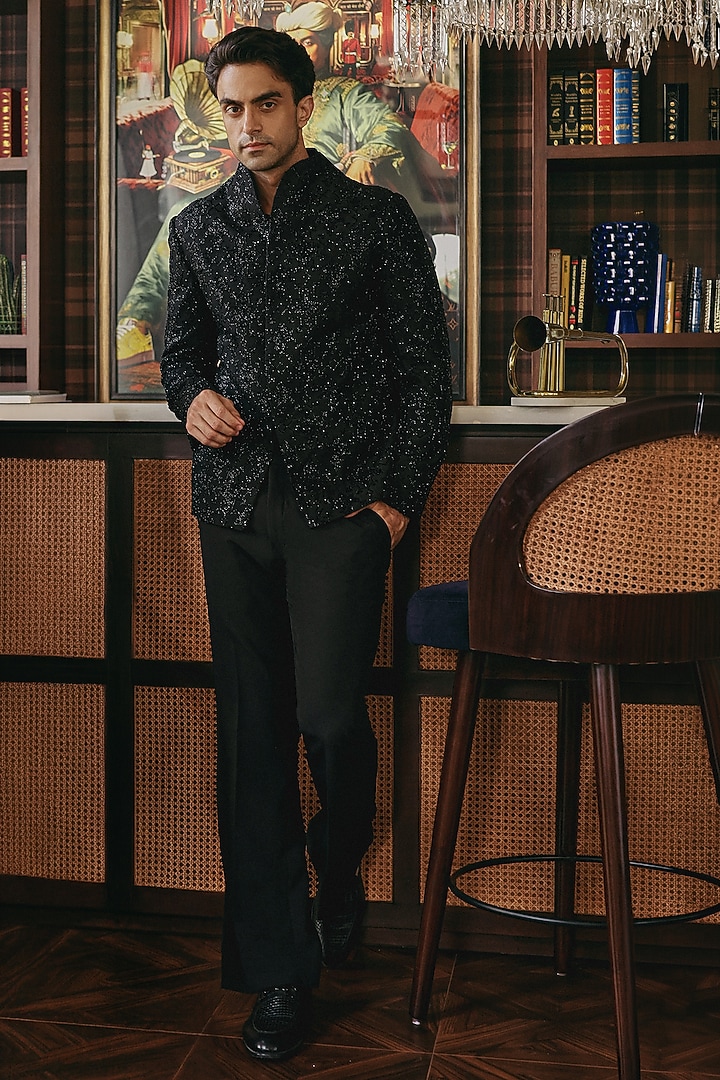 Black Cotton & Dupion Silk Embellished Groom Bandhgala Set by JORAH MEN at Pernia's Pop Up Shop
