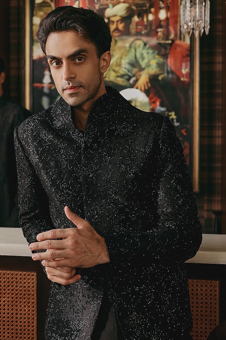 Black Cotton & Dupion Silk Embellished Groom Bandhgala Set by JORAH MEN at Pernia's Pop Up Shop