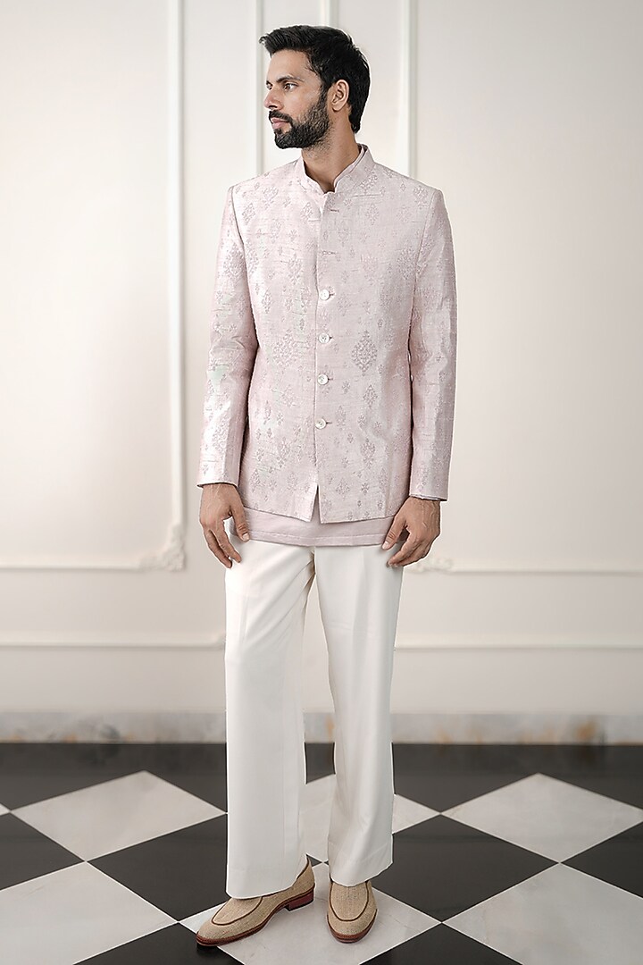 Light Peach Raw Silk Embroidered Wedding Bandhgala Set by JORAH MEN at Pernia's Pop Up Shop
