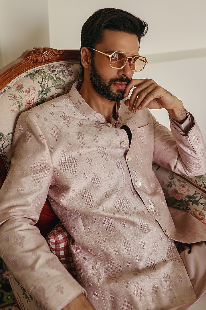 Light Peach Raw Silk Embroidered Wedding Bandhgala Set by JORAH MEN at Pernia's Pop Up Shop
