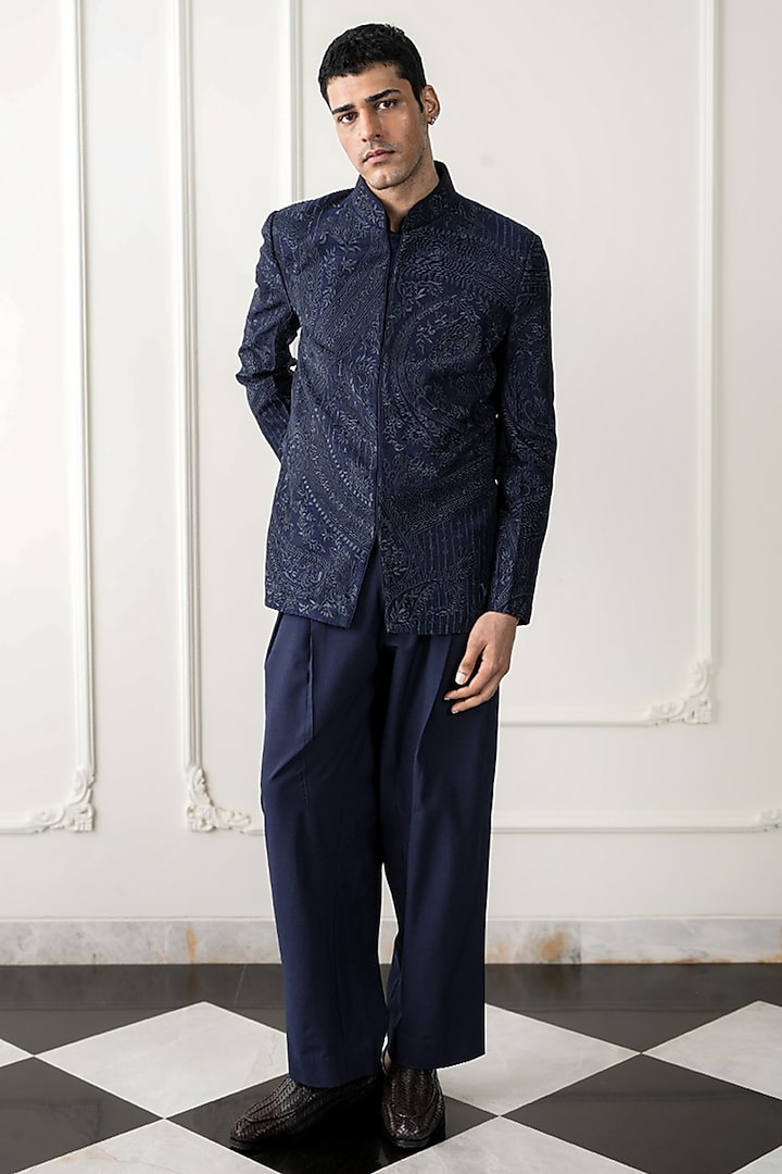 Deep Navy Cotton & Dupion Silk Resham Embroidered Wedding Bandhgala Set by JORAH MEN at Pernia's Pop Up Shop