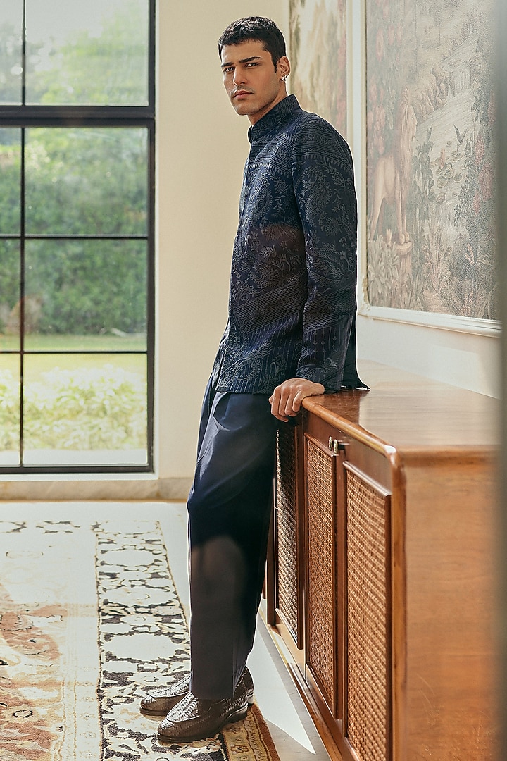 Deep Navy Cotton & Dupion Silk Resham Embroidered Wedding Bandhgala Set by JORAH MEN at Pernia's Pop Up Shop