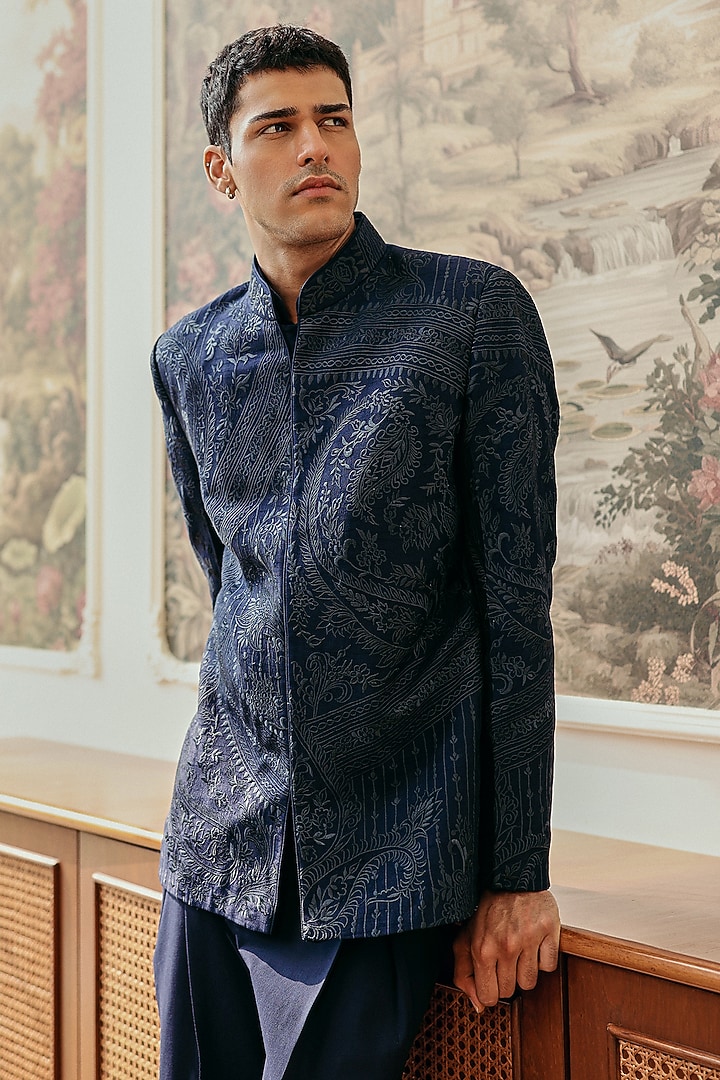 Deep Navy Cotton & Dupion Silk Resham Embroidered Wedding Bandhgala Set by JORAH MEN at Pernia's Pop Up Shop
