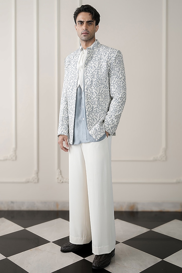 Ivory-Blue Matka Silk & Crepe Embroidered Open Wedding Bandhgala Set by JORAH MEN at Pernia's Pop Up Shop