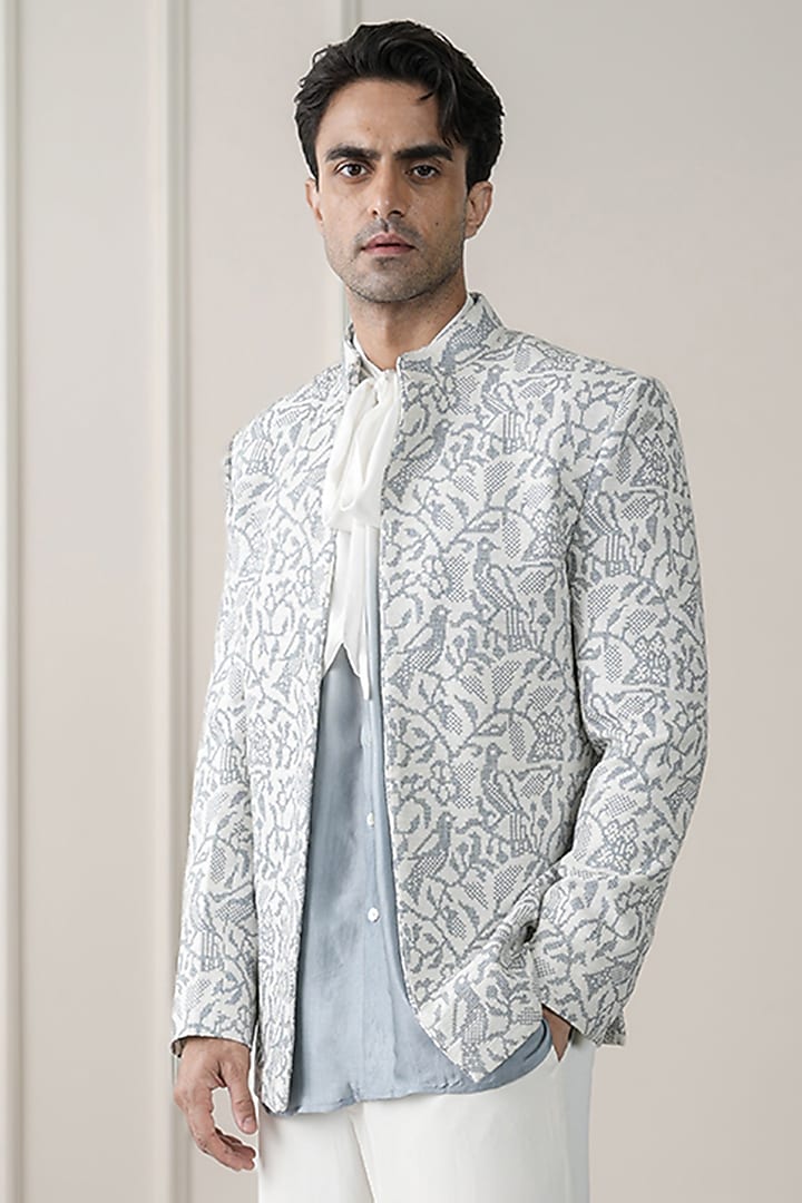 Ivory-Blue Matka Silk & Crepe Embroidered Open Wedding Bandhgala Set by JORAH MEN at Pernia's Pop Up Shop