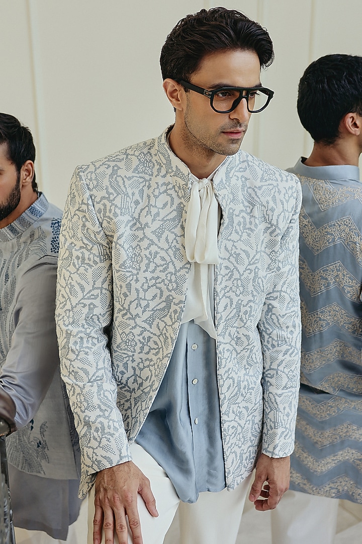 Ivory-Blue Matka Silk & Crepe Embroidered Open Wedding Bandhgala Set by JORAH MEN at Pernia's Pop Up Shop