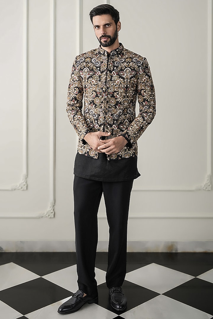 Black Dupion Silk & Cotton Silk Zardosi Embroidered Groom Bandhgala Set by JORAH MEN at Pernia's Pop Up Shop