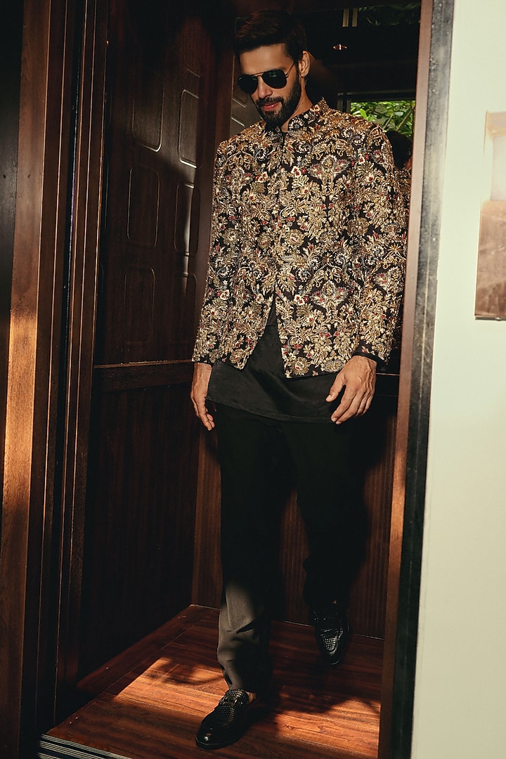 Black Dupion Silk & Cotton Silk Zardosi Embroidered Groom Bandhgala Set by JORAH MEN at Pernia's Pop Up Shop