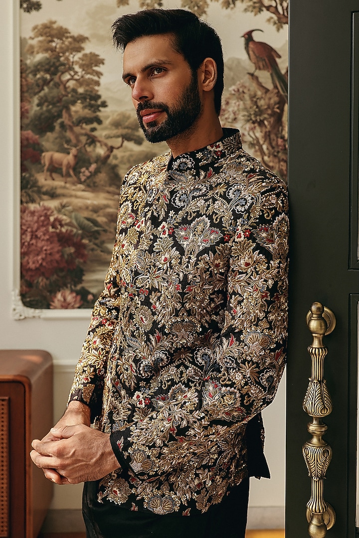 Black Dupion Silk & Cotton Silk Zardosi Embroidered Groom Bandhgala Set by JORAH MEN at Pernia's Pop Up Shop