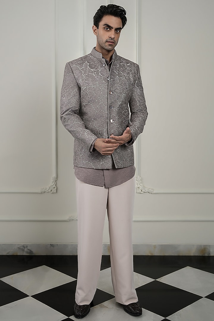 Steel Grey Raw Silk & Crepe Embroidered Wedding Bandhgala Set by JORAH MEN at Pernia's Pop Up Shop