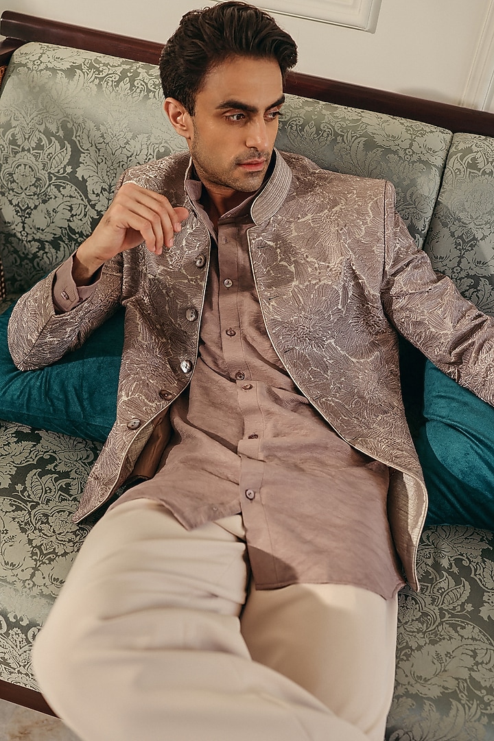Steel Grey Raw Silk & Crepe Embroidered Wedding Bandhgala Set by JORAH MEN at Pernia's Pop Up Shop