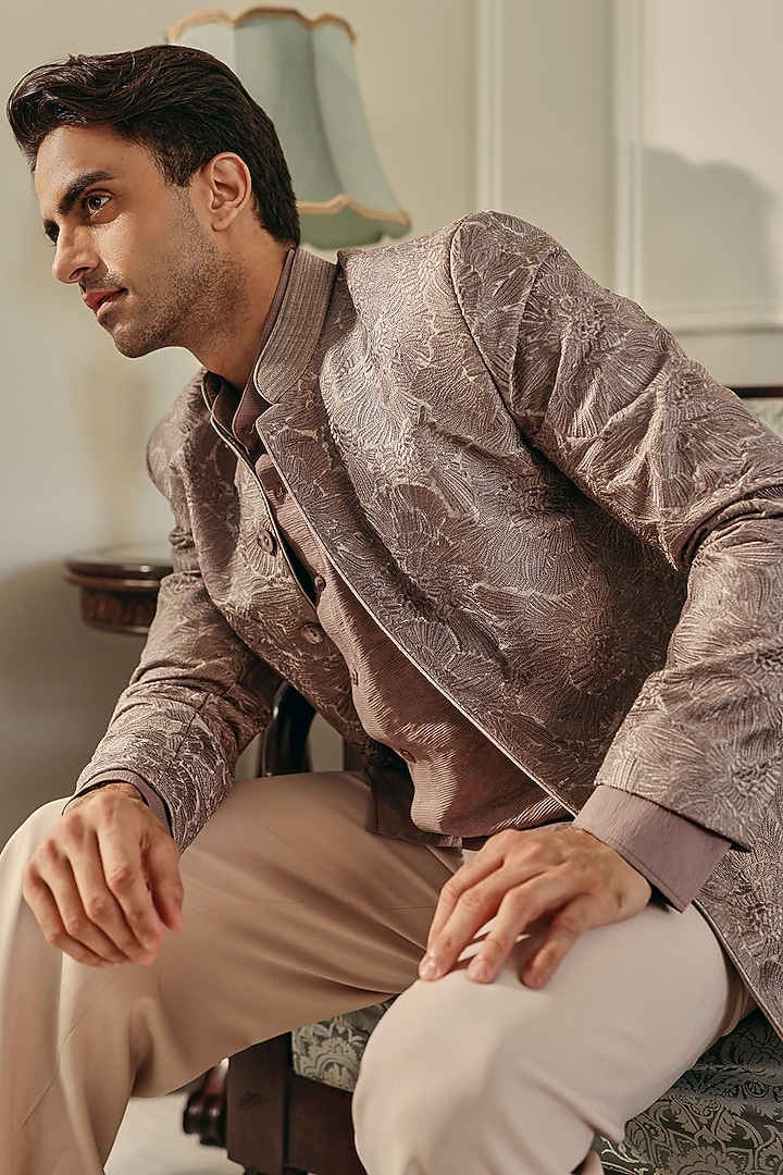 Steel Grey Raw Silk & Crepe Embroidered Wedding Bandhgala Set by JORAH MEN at Pernia's Pop Up Shop
