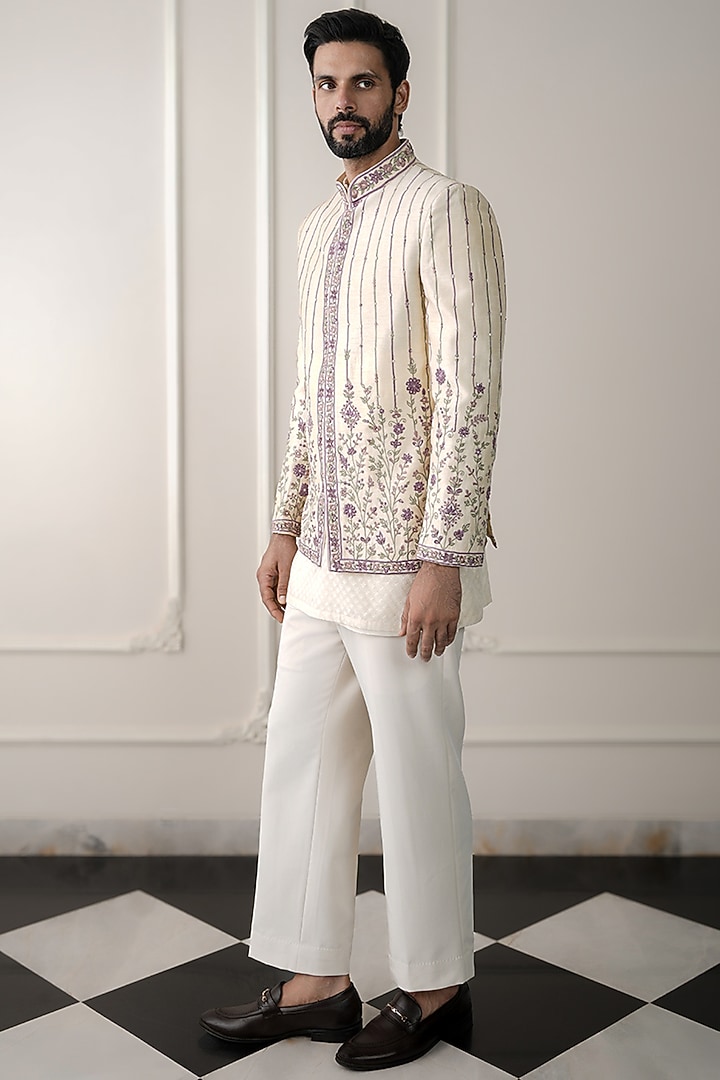 Ivory Dupion Silk & Chanderi Silk Cutdana Embelishhed Wedding Bandhgala Set by JORAH MEN at Pernia's Pop Up Shop