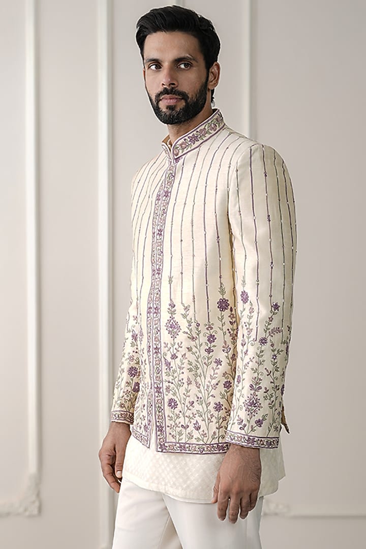Ivory Dupion Silk & Chanderi Silk Cutdana Embelishhed Wedding Bandhgala Set by JORAH MEN at Pernia's Pop Up Shop