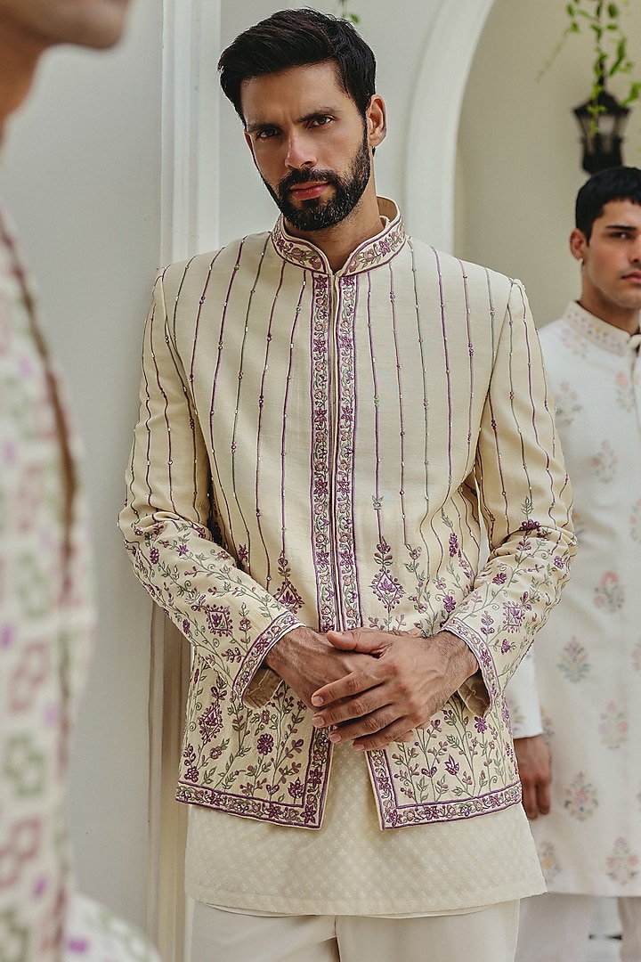 Ivory Dupion Silk & Chanderi Silk Cutdana Embelishhed Wedding Bandhgala Set by JORAH MEN at Pernia's Pop Up Shop