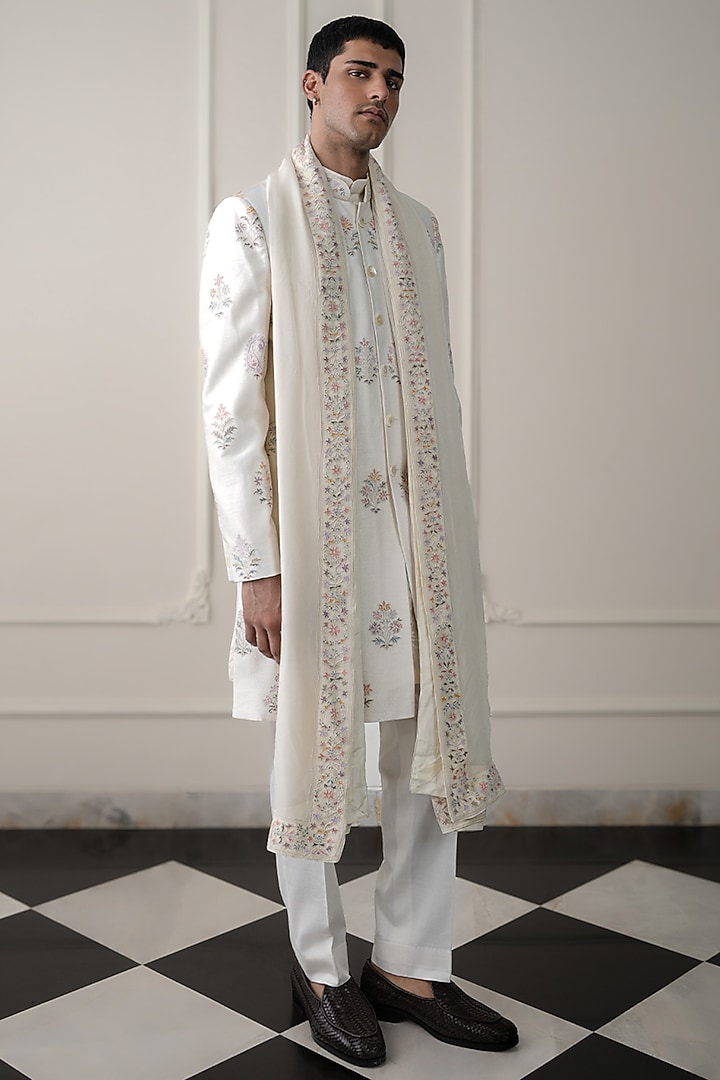 Ivory Dupion Silk & Chanderi Silk Dori Work Groom Sherwani Set by JORAH MEN at Pernia's Pop Up Shop