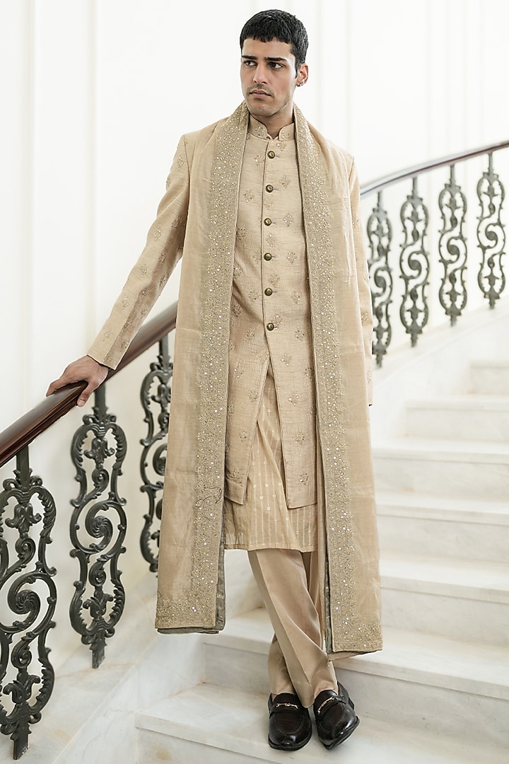Champagne Dupion Silk & Chanderi Silk Dori Embroidered Groom Sherwani Set by JORAH MEN at Pernia's Pop Up Shop