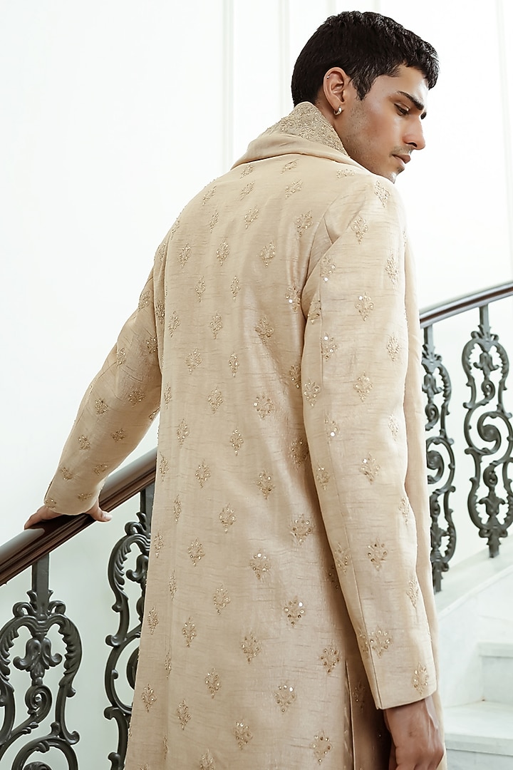 Champagne Dupion Silk & Chanderi Silk Dori Embroidered Groom Sherwani Set by JORAH MEN at Pernia's Pop Up Shop