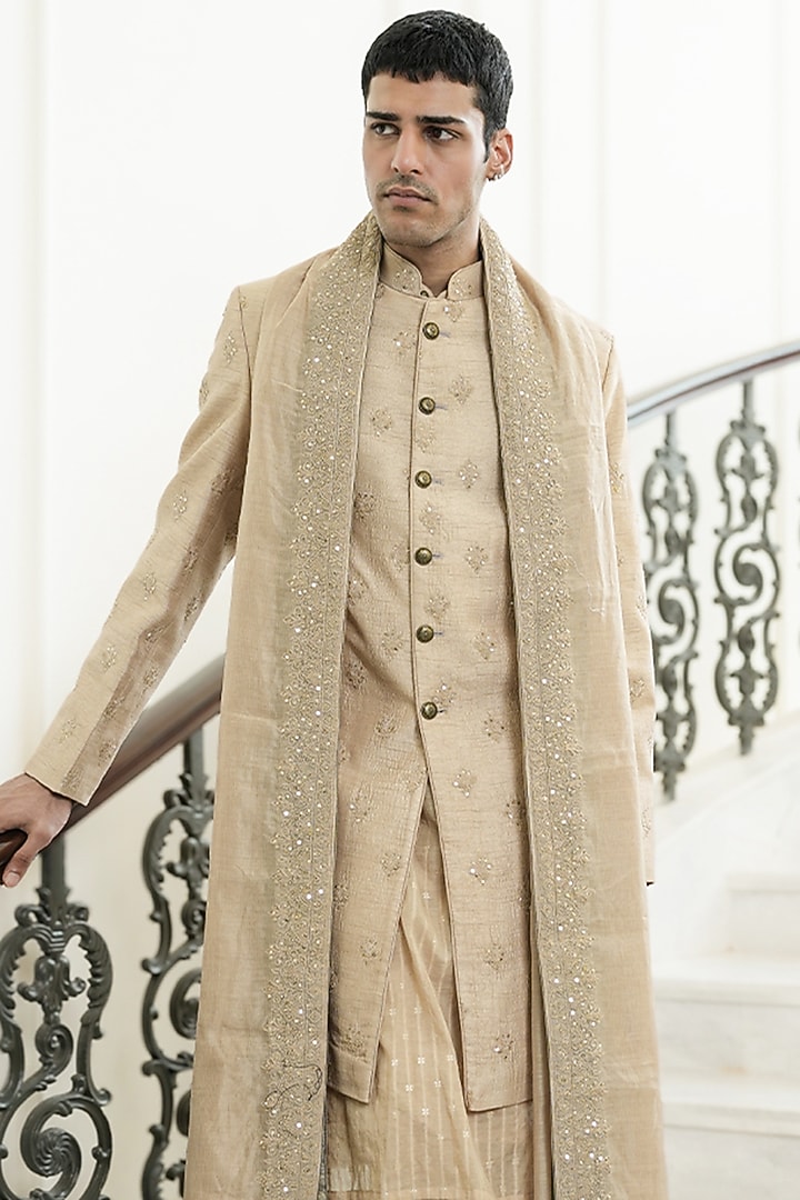 Champagne Dupion Silk & Chanderi Silk Dori Embroidered Groom Sherwani Set by JORAH MEN at Pernia's Pop Up Shop