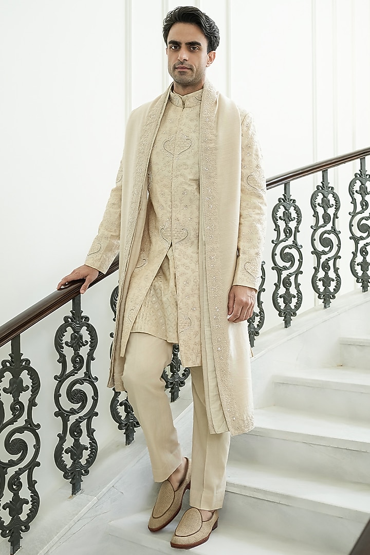 Light Beige Dupion Silk & Chanderi Silk Cutdana Embroidered Groom Sherwani Set by JORAH MEN at Pernia's Pop Up Shop