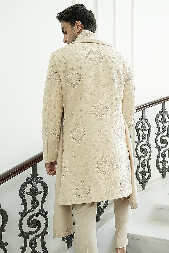 Light Beige Dupion Silk & Chanderi Silk Cutdana Embroidered Groom Sherwani Set by JORAH MEN at Pernia's Pop Up Shop