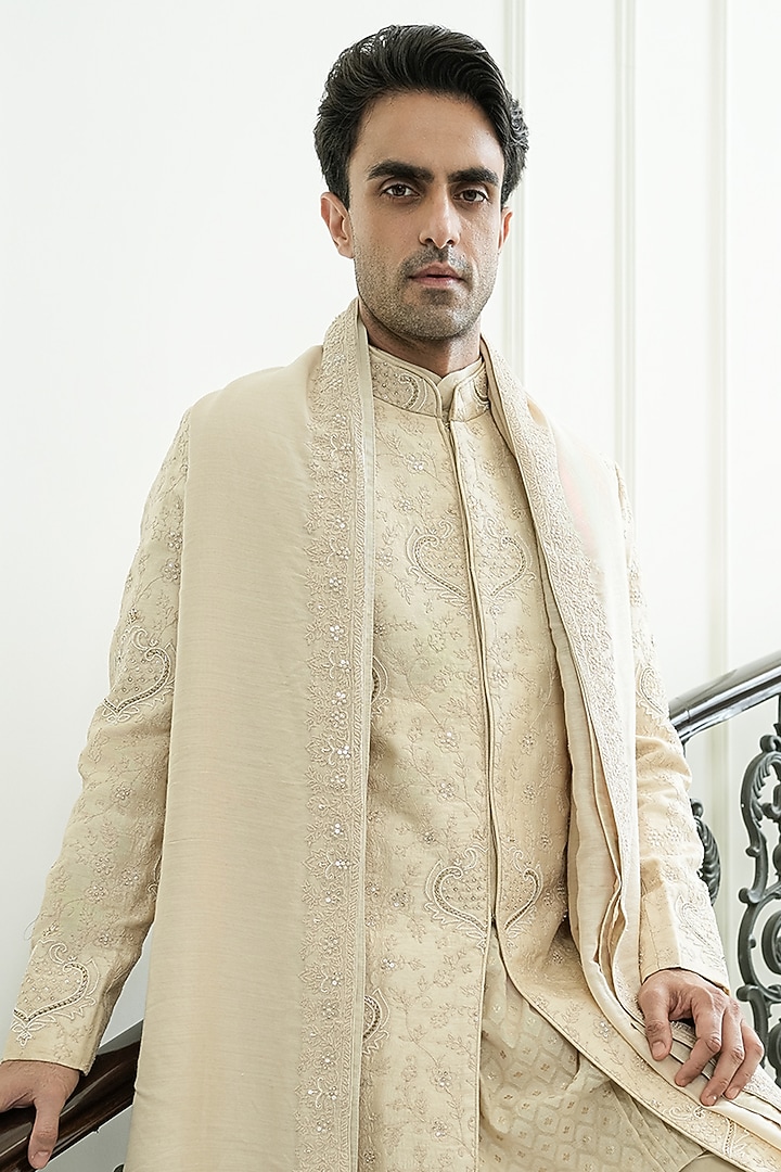 Light Beige Dupion Silk & Chanderi Silk Cutdana Embroidered Groom Sherwani Set by JORAH MEN at Pernia's Pop Up Shop