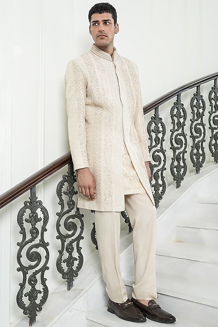 Light Beige Dupion Silk & Chanderi Silk Dori Embroidered Groom Sherwani Set by JORAH MEN at Pernia's Pop Up Shop