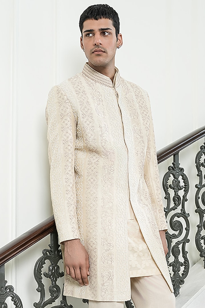 Light Beige Dupion Silk & Chanderi Silk Dori Embroidered Groom Sherwani Set by JORAH MEN at Pernia's Pop Up Shop