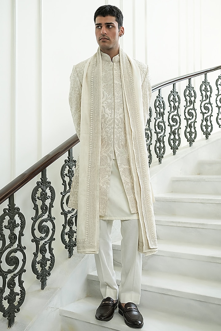 Ivory Dupion Silk & Chanderi Silk Dori Embroidered Groom Sherwani Set by JORAH MEN at Pernia's Pop Up Shop
