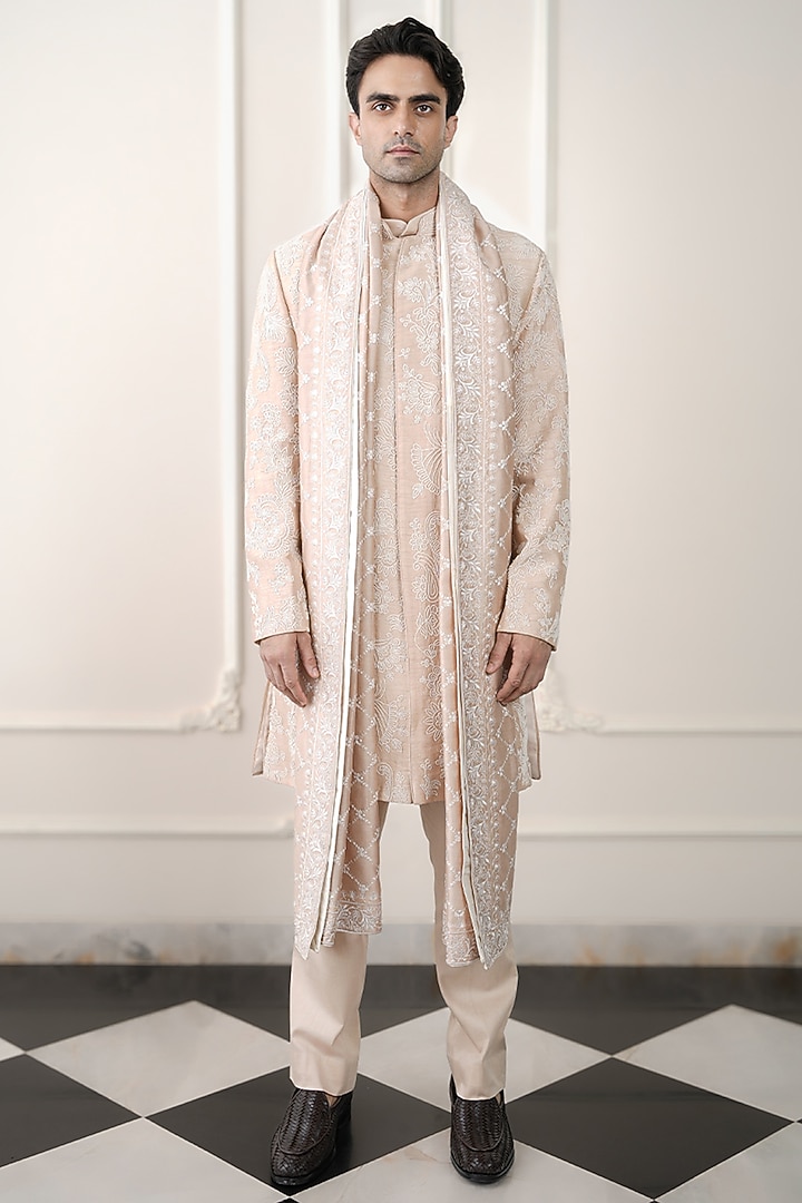 Light Peach Dupion Silk & Chanderi Silk Dori Embroidered Groom Sherwani Set by JORAH MEN at Pernia's Pop Up Shop