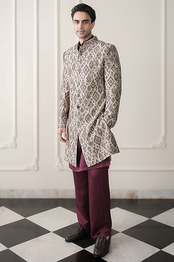 Sage Green Dupion Silk & Cotton Satin Embroidered Wedding Indowestern Set by JORAH MEN at Pernia's Pop Up Shop