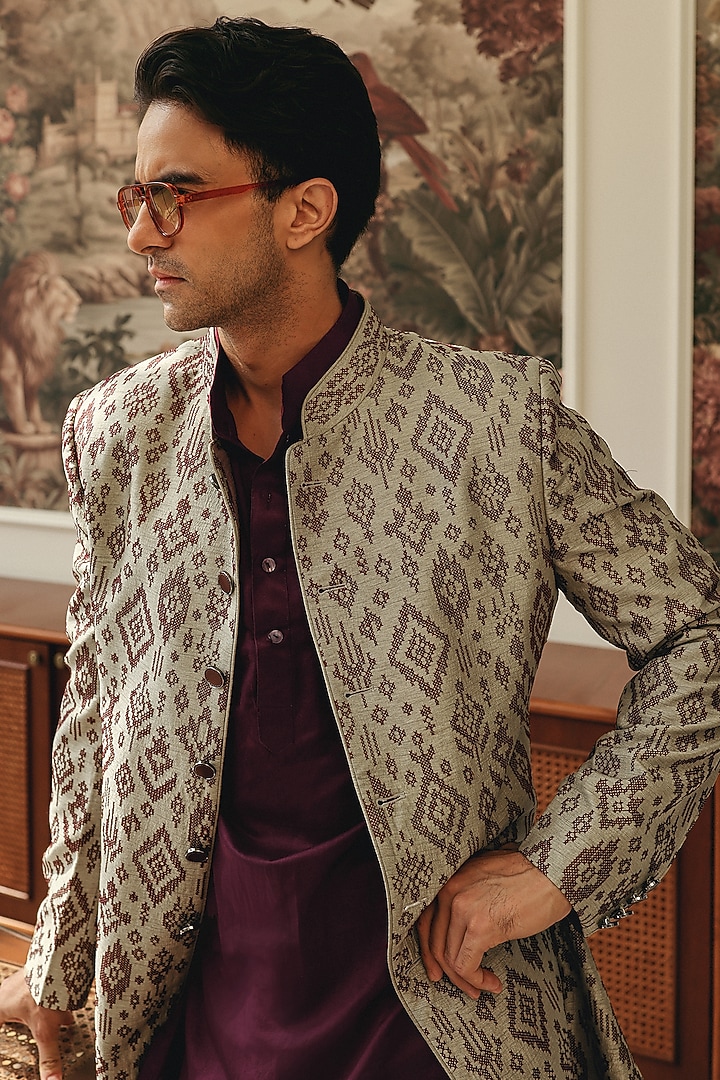 Sage Green Dupion Silk & Cotton Satin Embroidered Wedding Indowestern Set by JORAH MEN at Pernia's Pop Up Shop