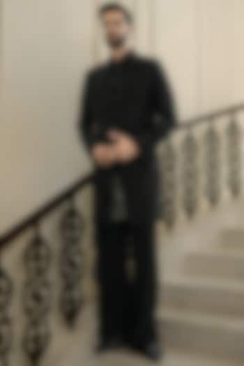 Black Dupion Silk & Crepe Pearl Work Wedding Indowestern Set by JORAH MEN at Pernia's Pop Up Shop