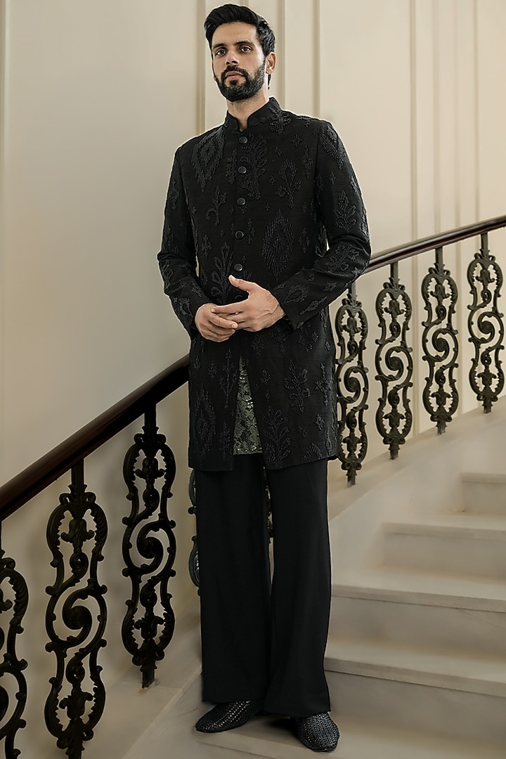 Black Dupion Silk & Crepe Pearl Work Wedding Indowestern Set by JORAH MEN at Pernia's Pop Up Shop