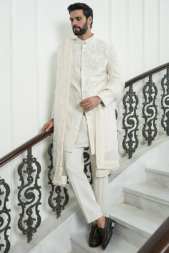 Ivory Dupion Silk & Chanderi Silk Dori Embroidered Groom Sherwani Set by JORAH MEN at Pernia's Pop Up Shop
