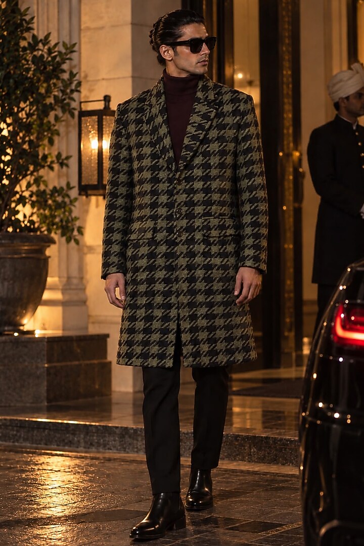 Olive Green & Black Tweed Wool Jacket Set by JORAH MEN at Pernia's Pop Up Shop