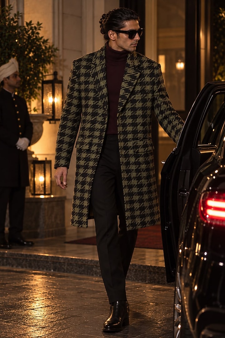 Olive Green & Black Tweed Wool Jacket Set by JORAH MEN at Pernia's Pop Up Shop