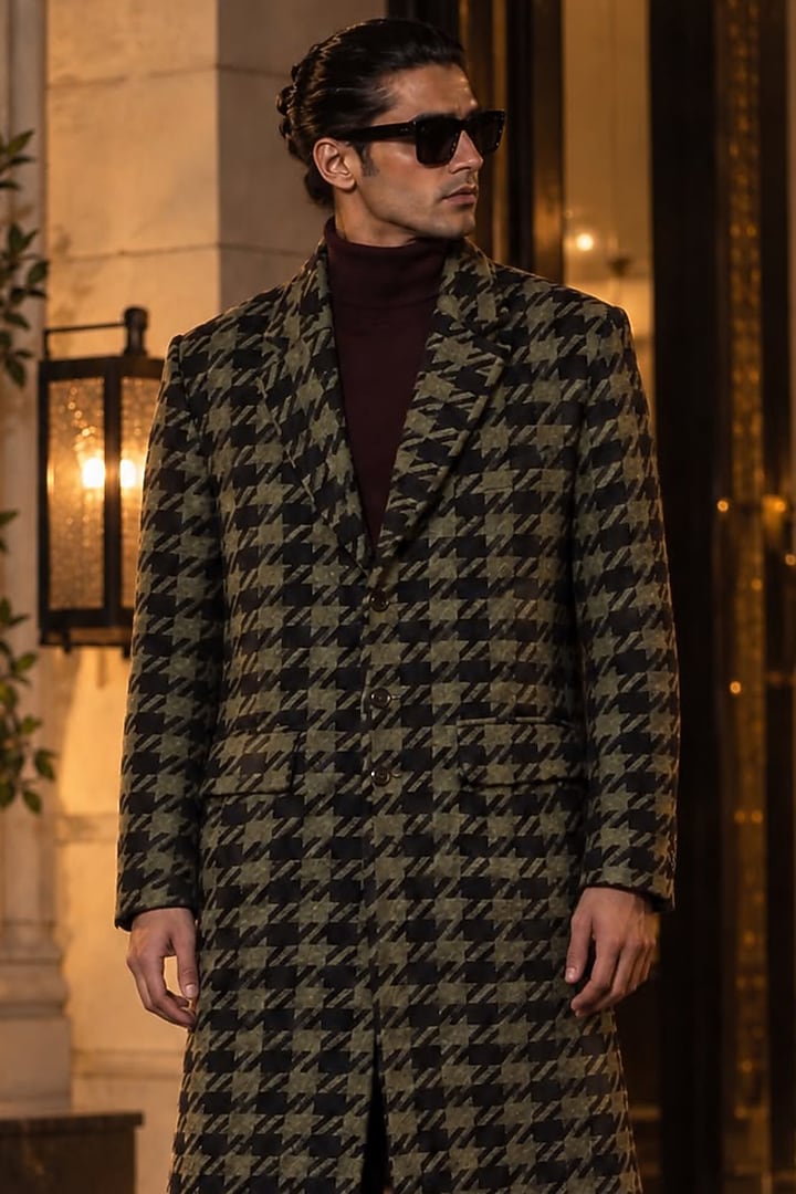Olive Green & Black Tweed Wool Jacket Set by JORAH MEN at Pernia's Pop Up Shop
