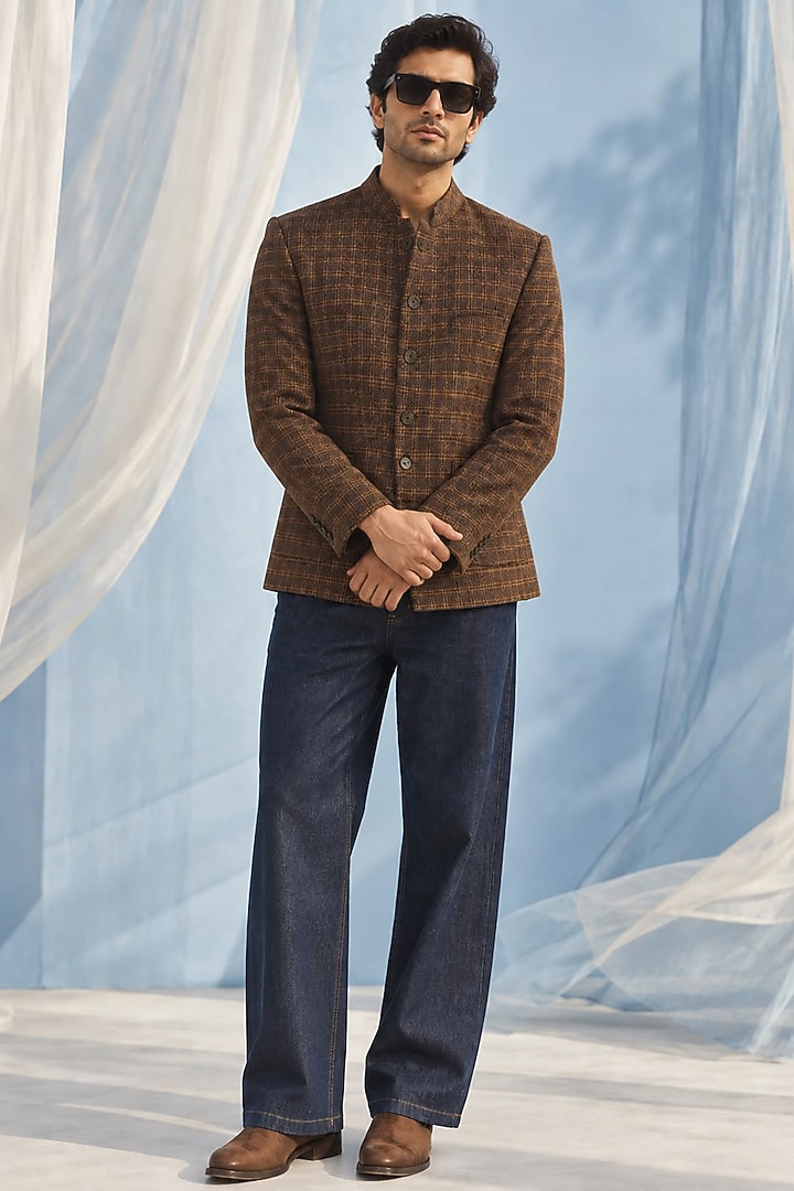 Brown Wool & Denim Checkered Jacket Set by JORAH MEN at Pernia's Pop Up Shop