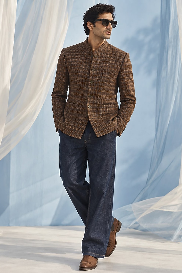 Brown Wool & Denim Checkered Jacket Set by JORAH MEN at Pernia's Pop Up Shop