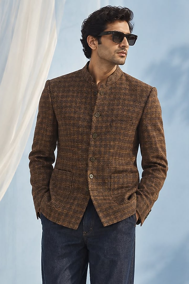 Brown Wool & Denim Checkered Jacket Set by JORAH MEN at Pernia's Pop Up Shop