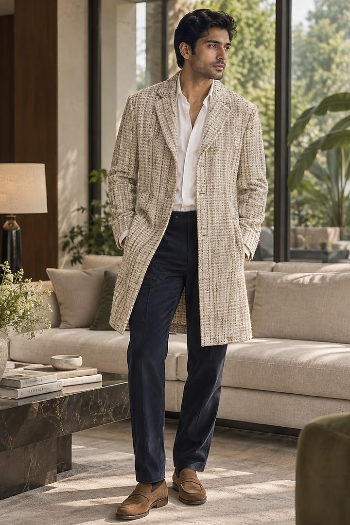 Ivory Tweed Wool Coat Set by JORAH MEN at Pernia's Pop Up Shop