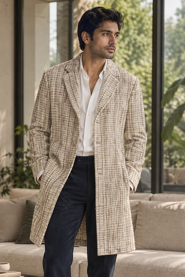 Ivory Tweed Wool Coat Set by JORAH MEN at Pernia's Pop Up Shop