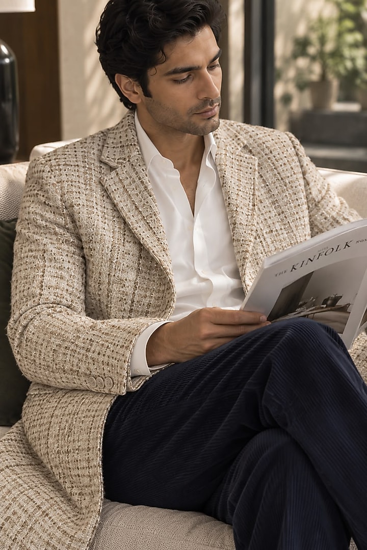 Ivory Tweed Wool Coat Set by JORAH MEN at Pernia's Pop Up Shop
