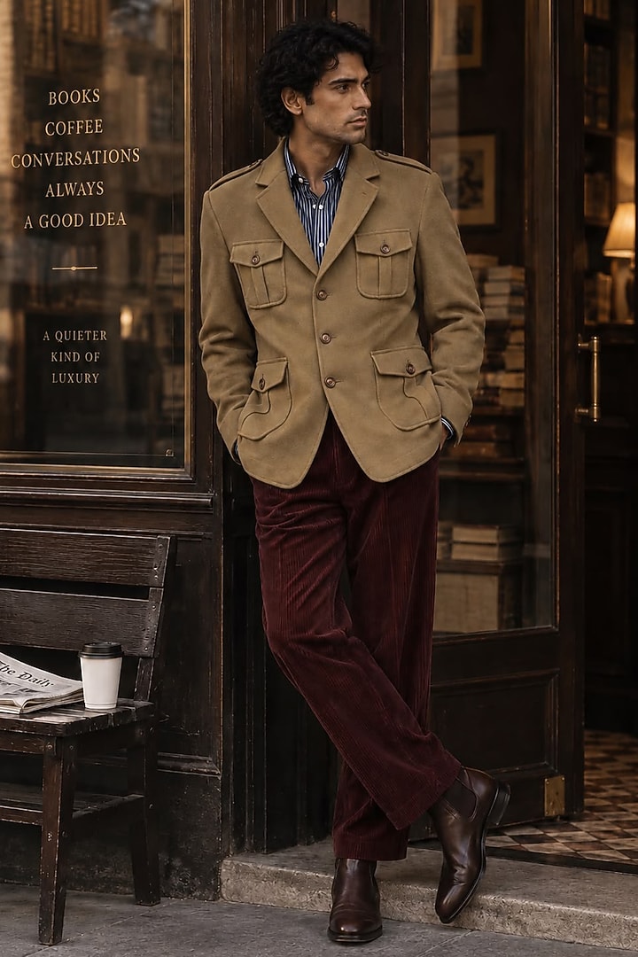 Beige Wool Hunter Jacket Set by JORAH MEN at Pernia's Pop Up Shop